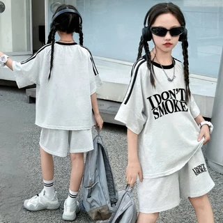 honeywears⚡️พร้อมส่ง⚡️ชุดสูทลูกสาวฤดูร้อน เสื้อยืดแขนสั้นกางเกงขาสั้น แฟชั่น 2ชิ้น สีสดใส ไซส์ 120-160