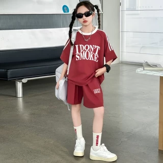 honeywears⚡️พร้อมส่ง⚡️ชุดสูทลูกสาวฤดูร้อน เสื้อยืดแขนสั้นกางเกงขาสั้น แฟชั่น 2ชิ้น สีสดใส ไซส์ 120-160
