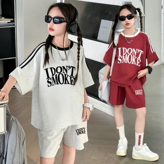 honeywears⚡️พร้อมส่ง⚡️ชุดสูทลูกสาวฤดูร้อน เสื้อยืดแขนสั้นกางเกงขาสั้น แฟชั่น 2ชิ้น สีสดใส ไซส์ 120-160