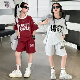 honeywears⚡️พร้อมส่ง⚡️ชุดสูทลูกสาวฤดูร้อน เสื้อยืดแขนสั้นกางเกงขาสั้น แฟชั่น 2ชิ้น สีสดใส ไซส์ 120-160