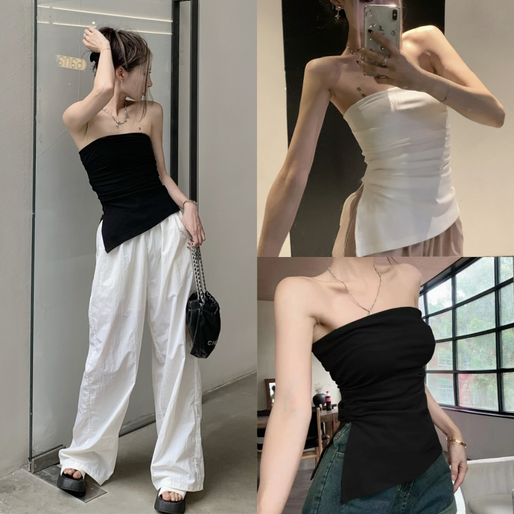 Bella Shop สไตล์สาวฮอตอเมริกัน เซ็กซี่ เสื้อทูบ ชายไม่เสมอกัน สีดำ เสื้อรัดรูปสำหรับผู้หญิง
