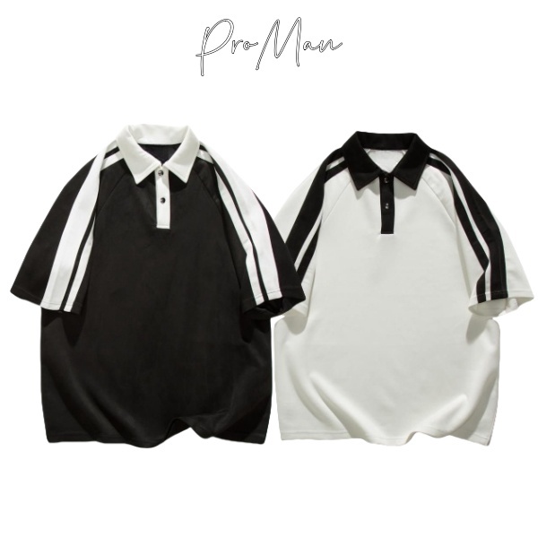 ProMan-เสื้อโปโลผู้ชายสีล้วน  ลายทาง  ปกพับ  ลำลองแมทช์ลุคง่าย