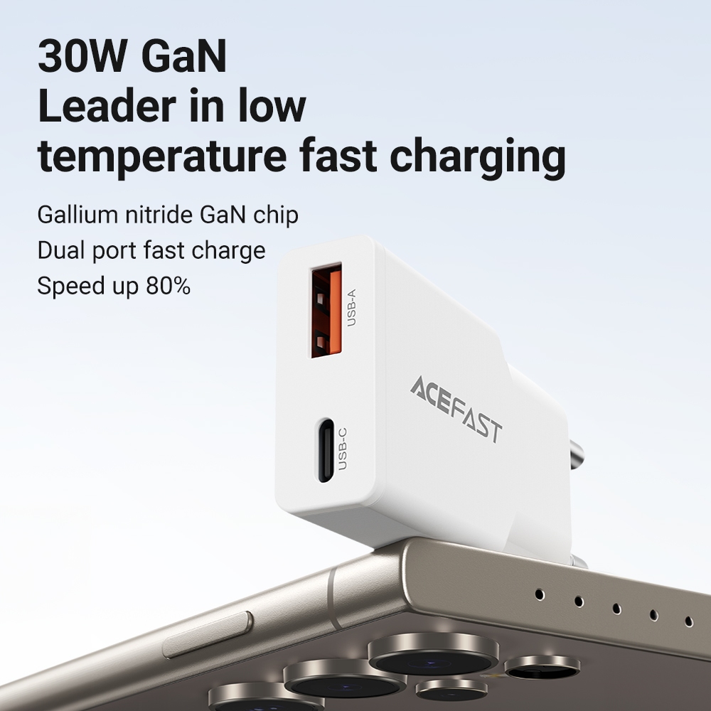 Acefast D1K30 Dual Port Charger 30W GaN Fast Charging Type C Ultra-thin Travel Charger USB C PD3.0 Q