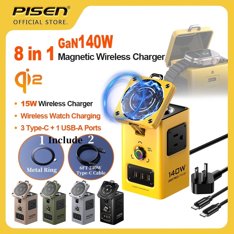 PISEN(KF27) 8 in1 140W Type C Fast Charger Qi2 15W Magnetic Wireless Charger Wireless Watch Charger