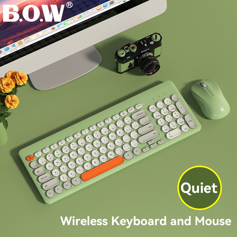 BOW MK221 ชุดคีย์บอร์ดและเมาส์ไร้สายสีชมพูสีเขียว 2.4G ชุดคีย์บอร์ดและ USB สีสันสดใส Plug and Play
