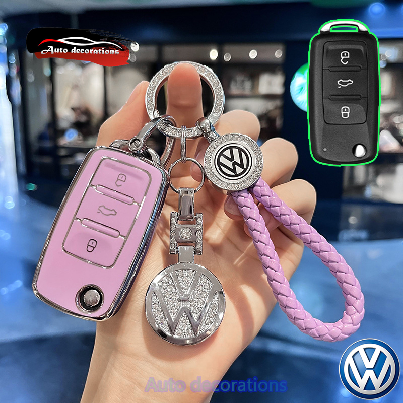 Volkswagen Polo Tiguan เคสกุญแจรถ Volkswagen Passat B5 B6 B7 Golf Beetle ฝาครอบกุญแจพวงกุญแจขอบเงิน