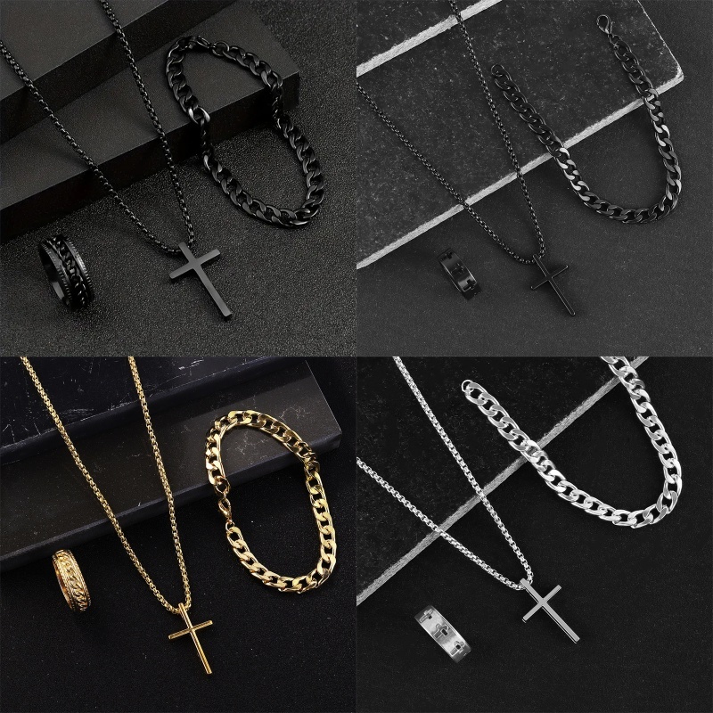 3 ชิ้น/เซ็ต Punk Cross สร้อยคอข้อมือแหวนเครื่องประดับ Hip Hop ชุดสร้อยคอสร้อยข้อมือแหวนผู้ชายและผู้หญิงของขวัญแฟชั่น