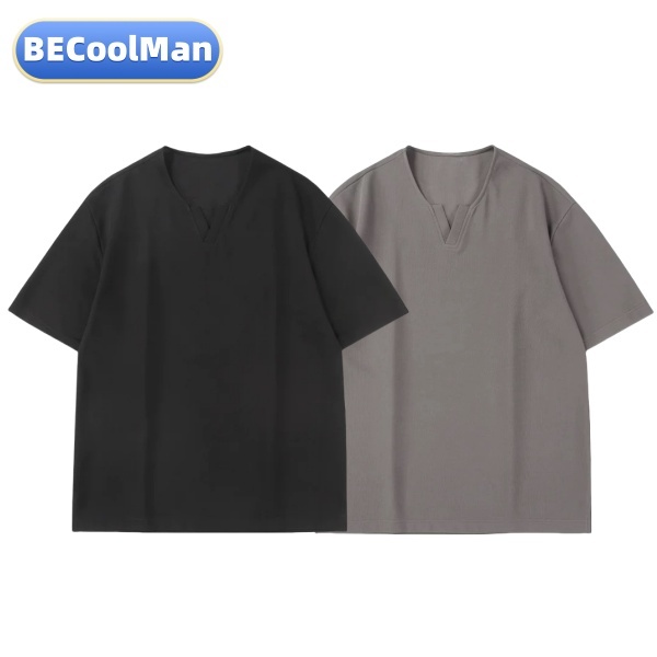 BECoolMan-เสื้อยืดคอวีย้อนยุคสไตล์ญี่ปุ่น  วาฟเฟิลด์  แบบหลวม  สีล้วน  ลำลอง