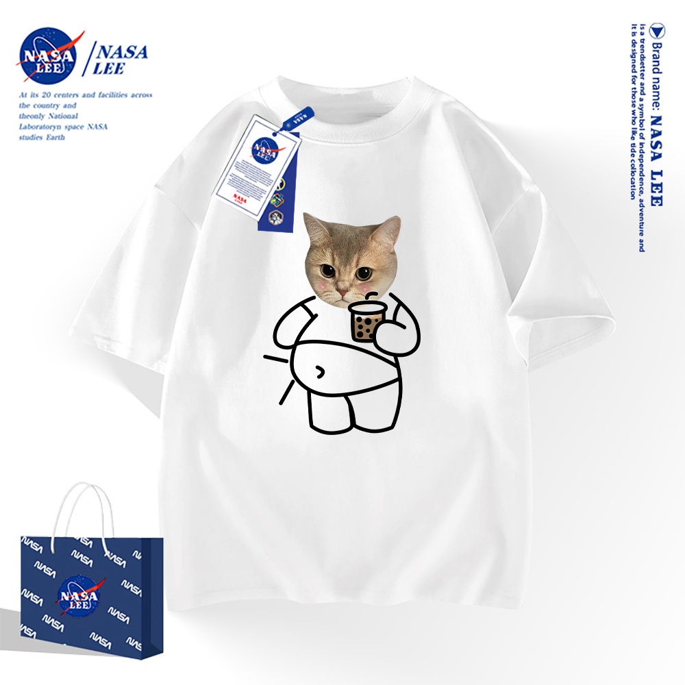 Nasa American Street Wear เสื้อยืดแขนสั้นผ้าฝ้าย 100% ผู้ชายผู้หญิง Original Fat Cat เสื้อผ้าครึ่งแขน
