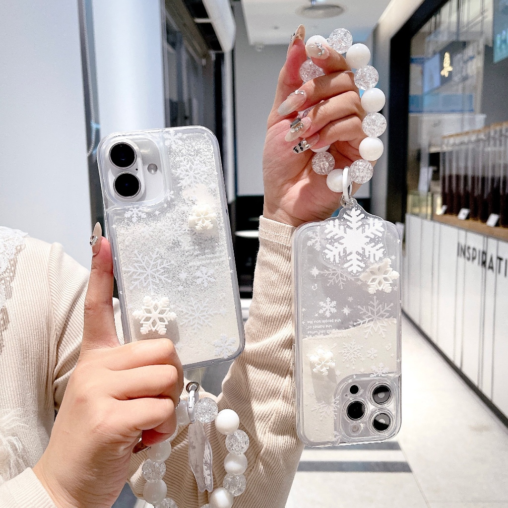 HotLiquid Quicksand เคสโทรศัพท์ TPU ลายเกล็ดหิมะ 3D พร้อมสร้อยข้อมือ สําหรับ iPhone 11, 12, 13, 14, 15, 16 Series