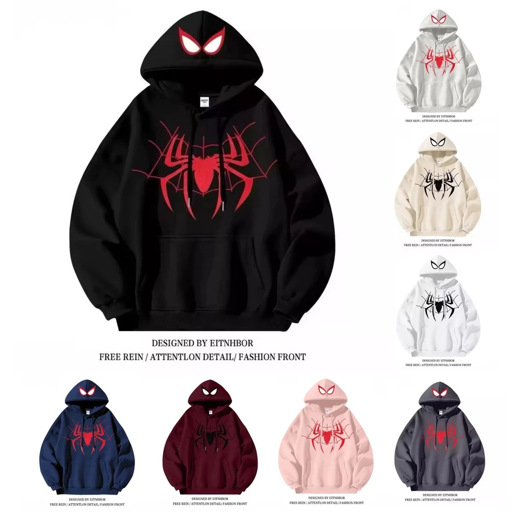 M-5XL เสื้อกันหนาว มีฮู้ด ผ้าฝ้ายแท้ ทรงหลวม ลาย Spider Man สไตล์ฮิปฮอป แฟชั่นฤดูใบไม้ร่วง และฤดูหนาว สําหรับผู้ชายและผู้หญิง