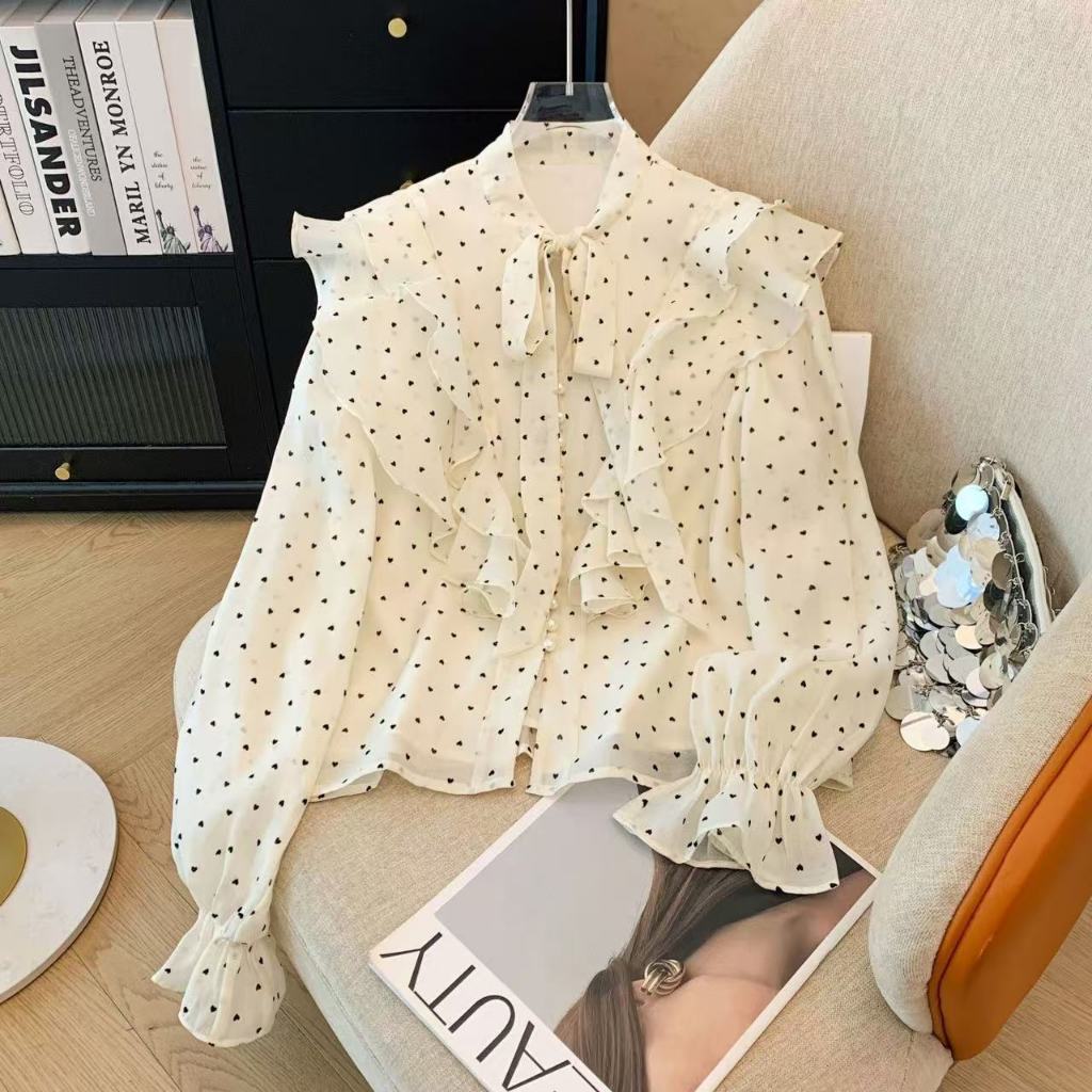 สไตล์เกาหลีผู้หญิงสุภาพสตรีหลวมชีฟองนัวเนียหัวใจพิมพ์เสื้อแขนยาวเสื้อ