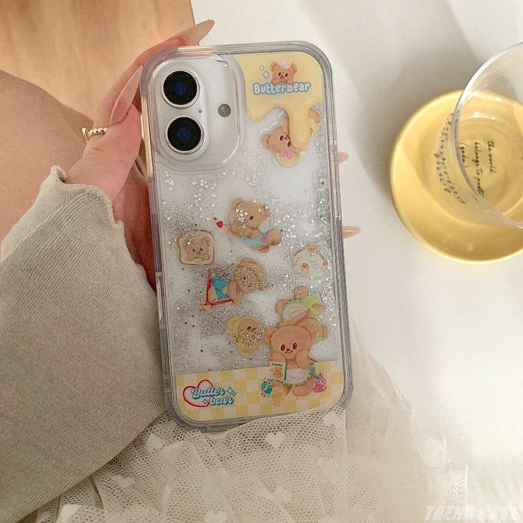 หรูหราทรายดูดน่ารักการ์ตูนหมีเนยเคสโทรศัพท์สําหรับ ไอโฟน 16 15 14 13 มือโปร สูงสุด ฝาหลังโปร่งใส