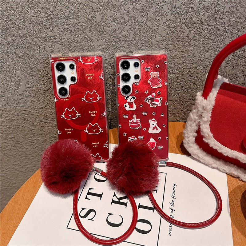 การ์ตูนน่ารัก สีแดง ลูกแมว ลูกหมา เชือกมือ ซองโทรศัพท์ Samsung Galaxy S25 Ultra S25 Plus S25 S24 FE S24 Ultra S24 Plus S24 S23FE S23 Ultra S23 Plus S23 S22Ultra S22Plus S22 Case เคสโทรศัพท์ใหม่ IMD ป้องกันการตก เคสมือถือซัมซุง