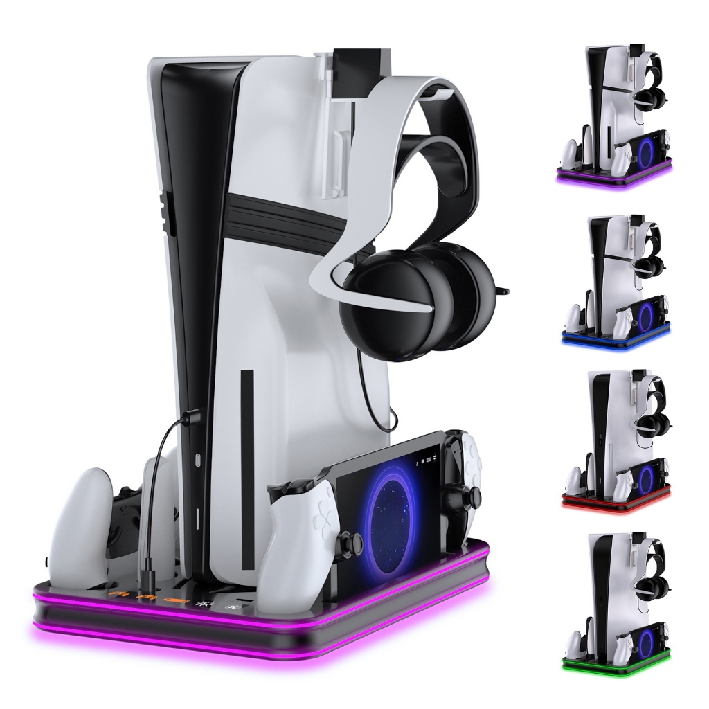 ขาตั้งระบายความร้อน LED RGB หลายฟังก์ชันพร้อมการชาร์จคอนโทรลเลอร์คู่และการชาร์จ PS5 Portal สำหรับ PS5 Pro/PS5 Slim/PS5 Disc/Digital Edition - สีดำ