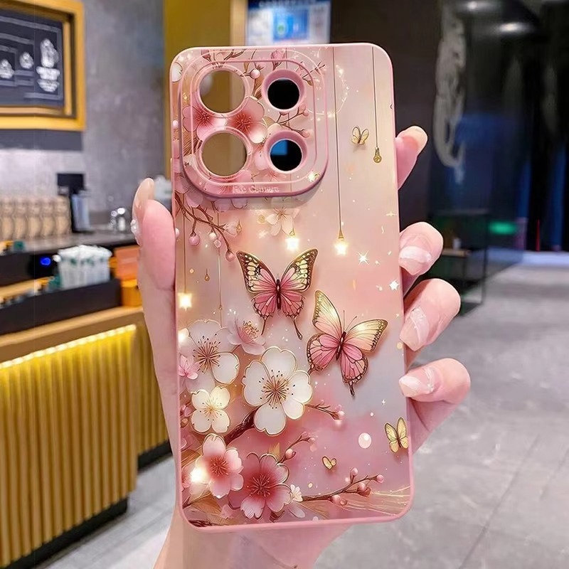 สีชมพูเคสโทรศัพท์สําหรับ POCO X6 Pro M6 F6 X5 Xiaomi Mi 14T 13T 12 11T Pro 11 Lite ผีเสื้อดอกไม้ออกแบบซิลิโคนนุ่ม
