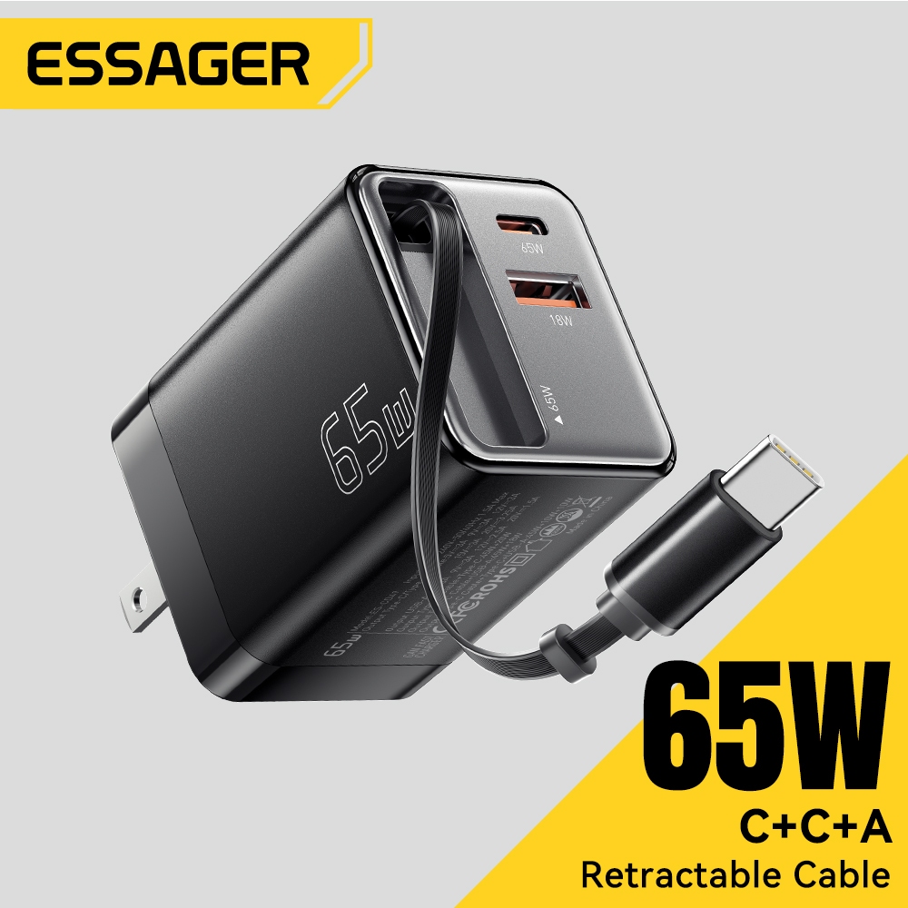 ESSAGER 65w GaN Charger Type-C และพอร์ต Type-C และ USB-A Travel Fast Charging Adapter