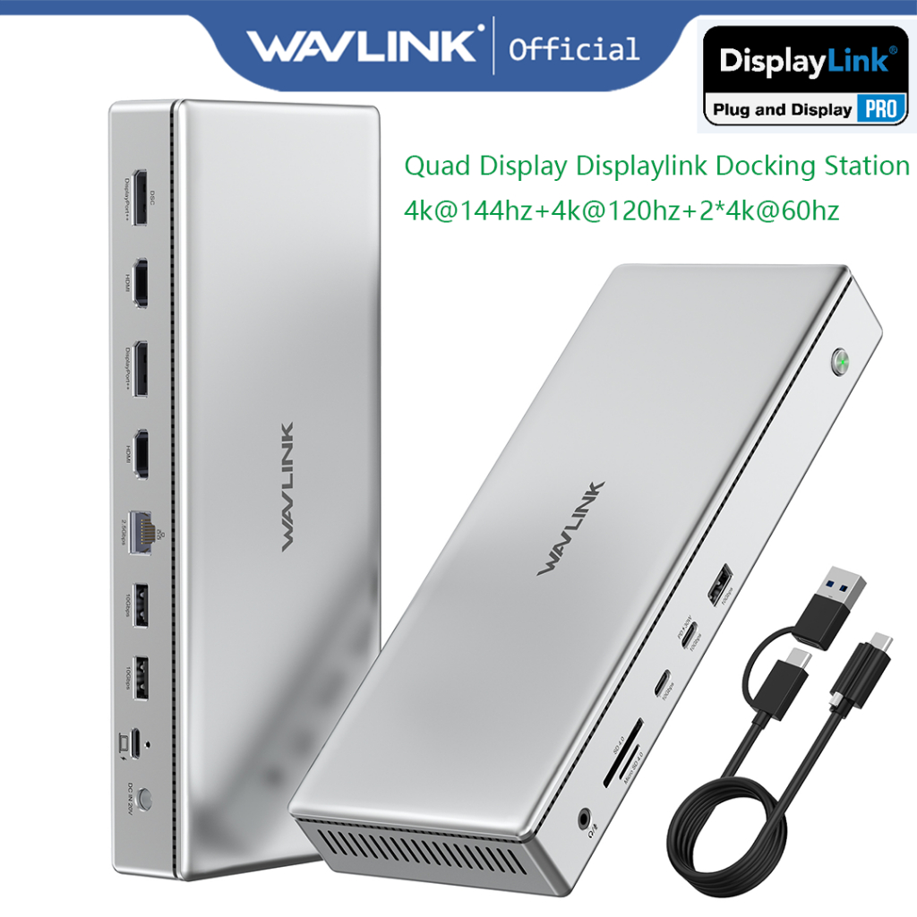 Wavlink DL7400 USB DisplayLink Docking Station DisplayPort HDMI Single 10K Dual 8K Quad 4K 144HZ 120