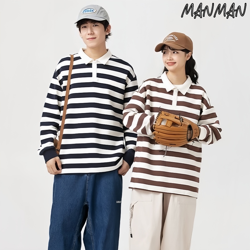 M&M เสื้อผู้ชาย แขนยาวลายทาง  เสื้อโปโลคอปก สีต่อ รุ่นคู่รัก