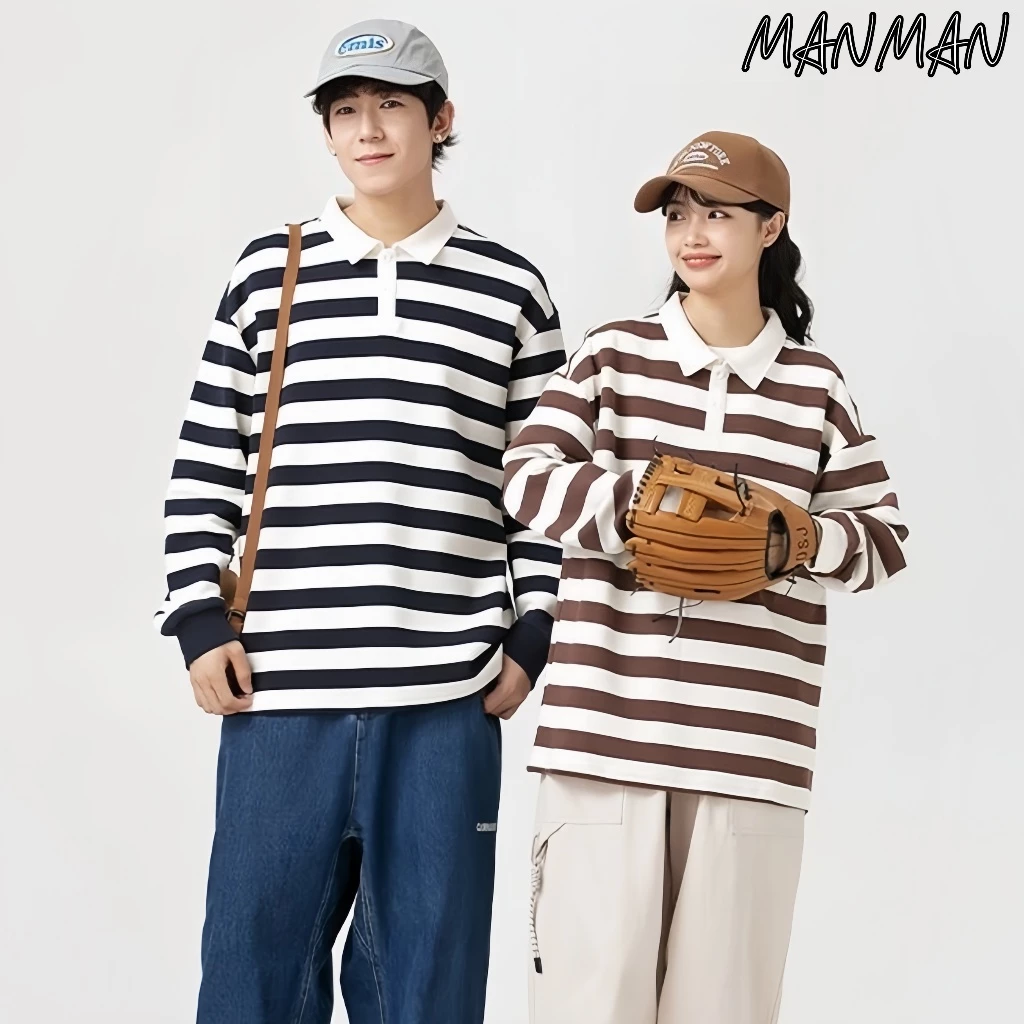 M&M เสื้อผู้ชาย แขนยาวลายทาง เสื้อโปโลคอปก สีต่อ รุ่นคู่รัก