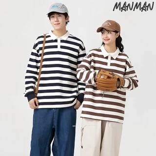 M&M เสื้อผู้ชาย แขนยาวลายทาง เสื้อโปโลคอปก สีต่อ รุ่นคู่รัก