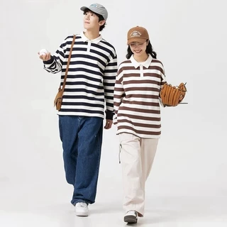 M&M เสื้อผู้ชาย แขนยาวลายทาง เสื้อโปโลคอปก สีต่อ รุ่นคู่รัก