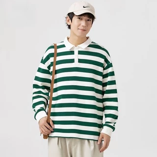 M&M เสื้อผู้ชาย แขนยาวลายทาง เสื้อโปโลคอปก สีต่อ รุ่นคู่รัก