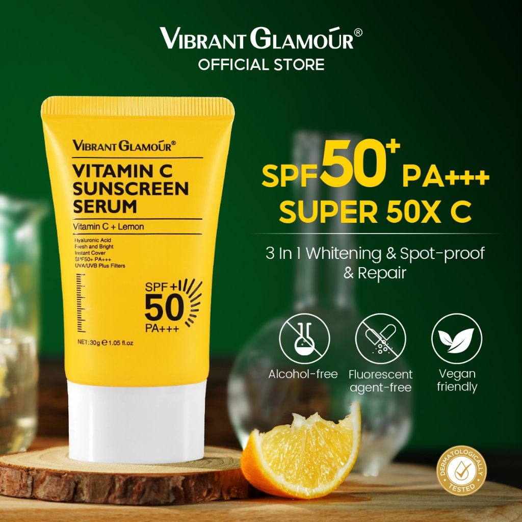 VIBRANT GLAMOUR เซรั่มวิตามินซี กันแดด SPF 50+ PA+++ UVA UVB 50X C 3X เซราไมด์ ซ่อมแซมผิว ให้ความชุ่มชื้น 30 กรัม
