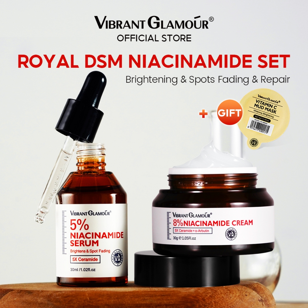 VIBRANT GLAMOUR FDA ครีมไนอาซินาไมด์ 8% + เซรั่มไนอาซินาไมด์ 5% 5X เซราไมด์ 3X ใบบัวบก ซ่อมแซมเกราะป้องกันผิว & เพิ่มความชุ่มชื้น & ปรับผิวกระจ่างใส & ลดจุดด่างดำ