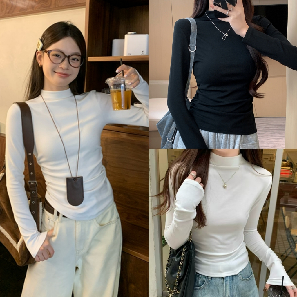 Luna Shop 🍒 เสื้อยืดแขนยาวสีดำ ฮอตเกิร์ล เอวจีบ เก็บพุง คอเต่าครึ่งตัว เสื้อตัวบนใส่สบายสำหรับผู้หญิง