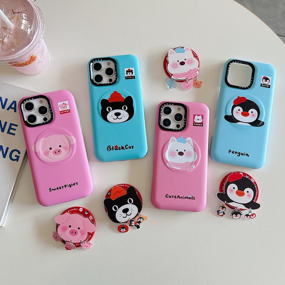 เคสโทรศัพท์ เข้ากันได้กับ ไอโฟน 16โปรแม็กซ์ 16 16มือโปร 15โปรแม็กซ์ 15 มือโปร 14 13 14โปรแม็กซ์ สีทึบการ์ตูนอวตารฝาครอบฟิล์มขอบกลมพร้อมขาตั้งแหวนแม่เห