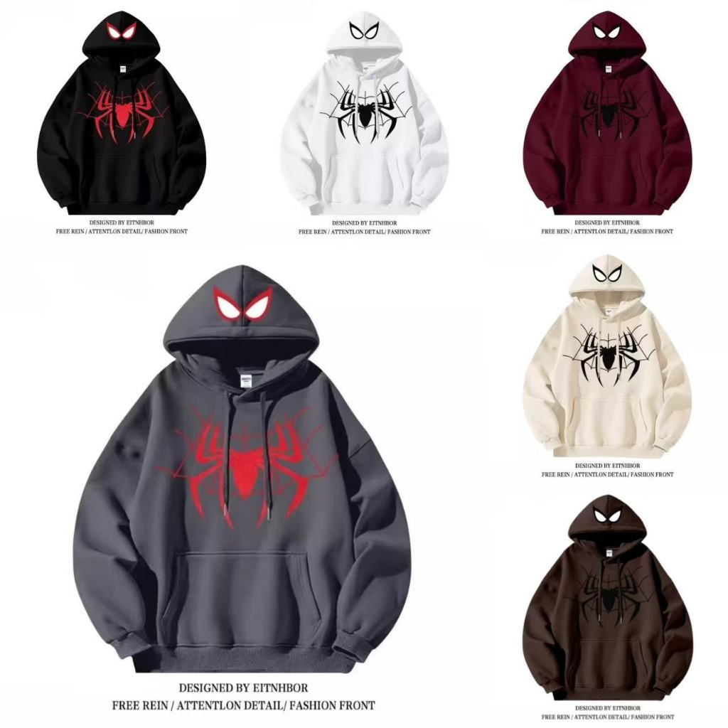 M-5XL เสื้อกันหนาว มีฮู้ด ผ้าฝ้ายแท้ ทรงหลวม ลาย Spider Man สไตล์ฮิปฮอป แฟชั่นฤดูใบไม้ร่วง และฤดูหนาว สําหรับผู้ชายและผู้หญิง C150 A1