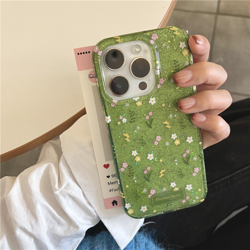 Iphone 16 pro max 15 pro msx Glitter ลายดอกไม้สีเขียว วัสดุ TPU กระบวนการ IMD เคสโทรศัพท์