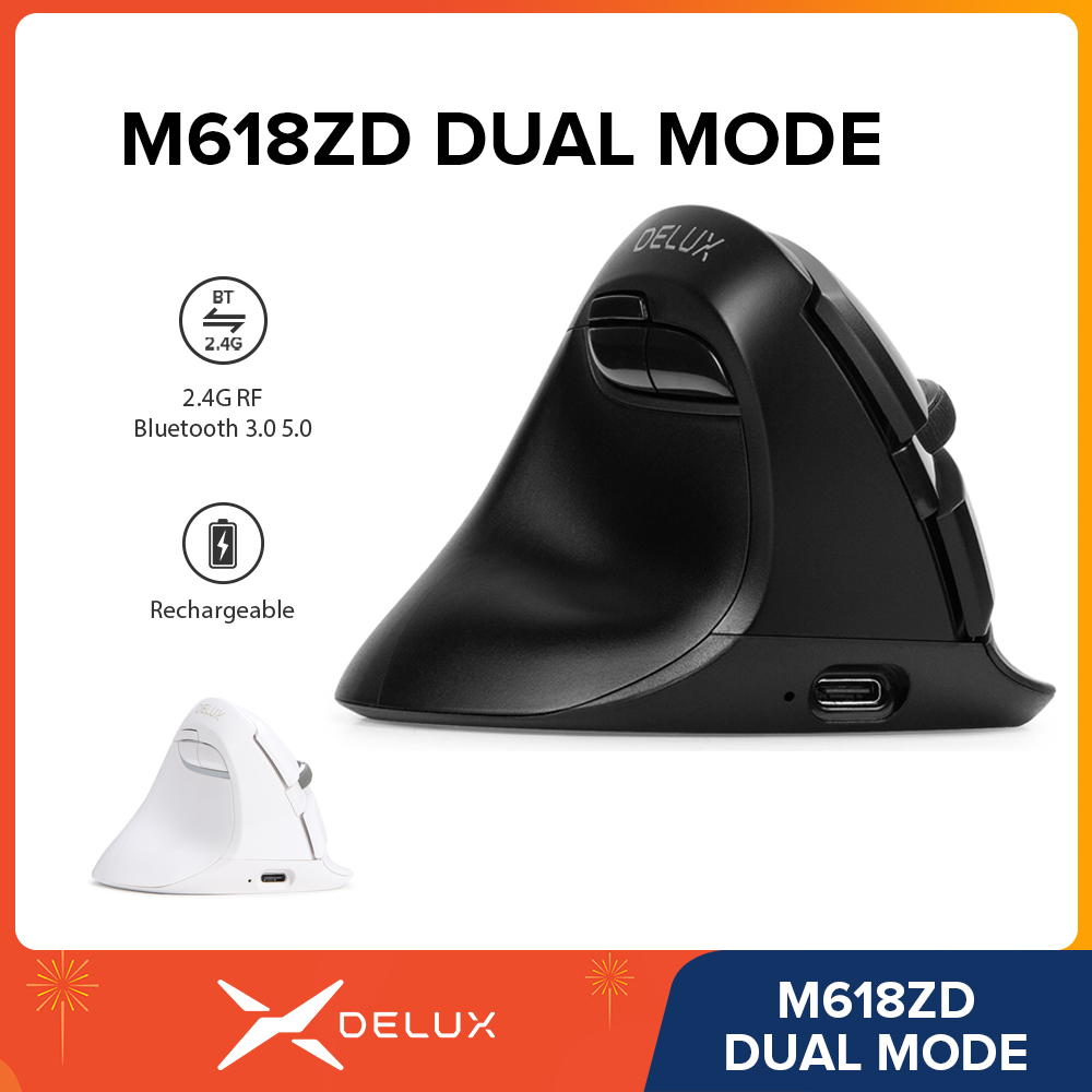 Delux M618ZD Dual Mode ซ้าย Handed ปุ่มเงียบบลูทูธ 3.0 5.0 2.4GHz ชาร์จ 500mAh Ergonomic เมาส์แนวตั้งไร้สาย