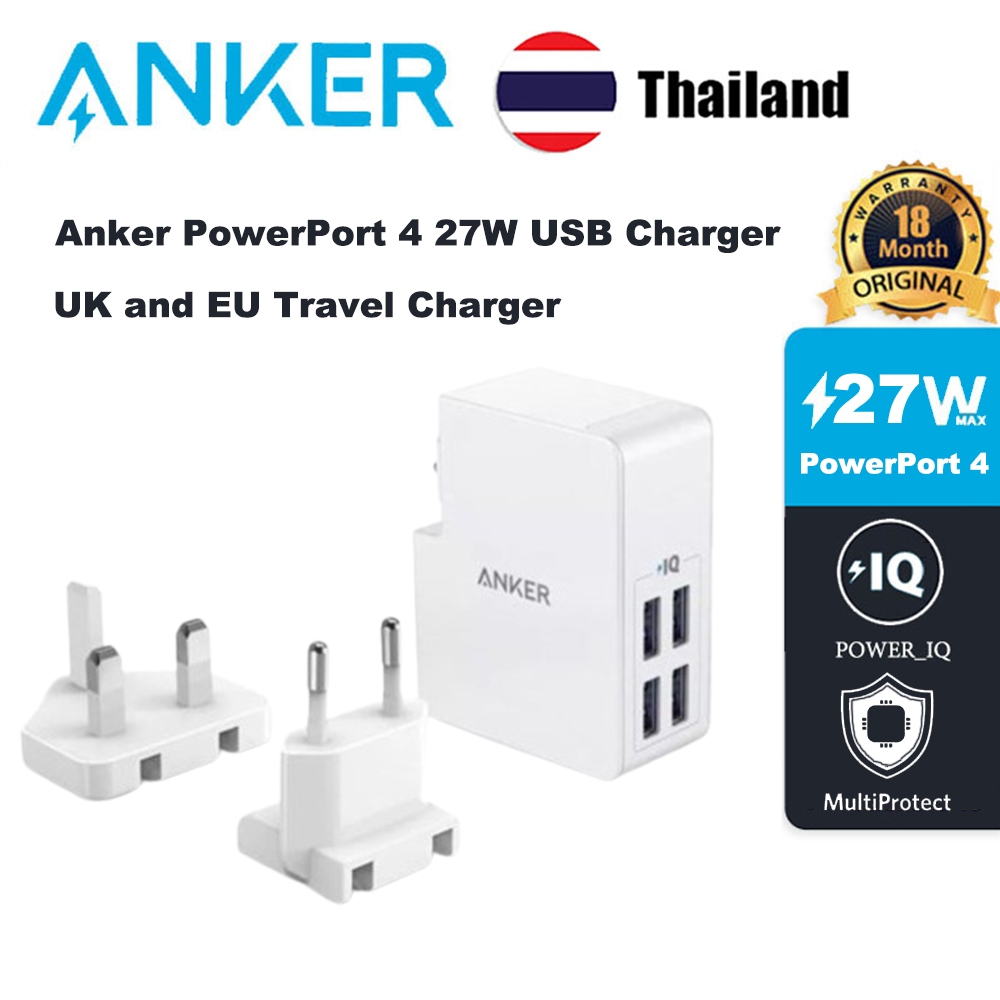 Anker PowerPort 4 27W ปลั๊กชาร์จ USB 4 พอร์ตพร้อมเครื่องชาร์จสําหรับเดินทางในสหราชอาณาจักรและสหภาพยุโรป
