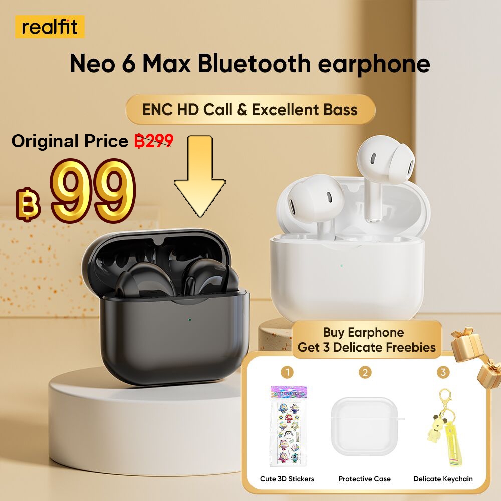 【อัพเกรดใหม่ & 3 Freebies】Realneo Neo 6 Max TWS หูฟังบลูทูธไฮไฟสเตอริโอ ENC Mini หูฟังไร้สาย