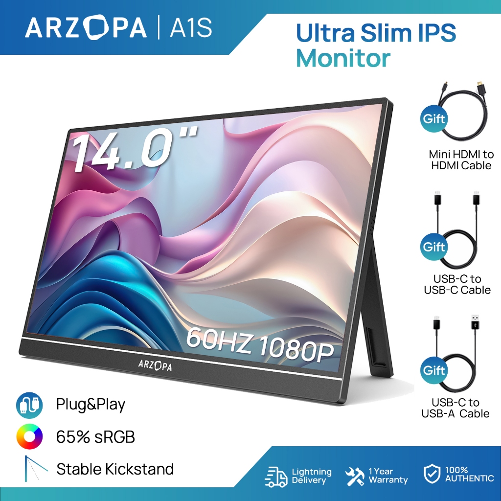 ARZOPA 14 "A1S แล็ปท็อปแบบพกพา FHD 1080P จอแสดงผลภายนอกพร้อมลําโพงคู่หน้าจอที่สองสําหรับแล็ปท็อป PC 