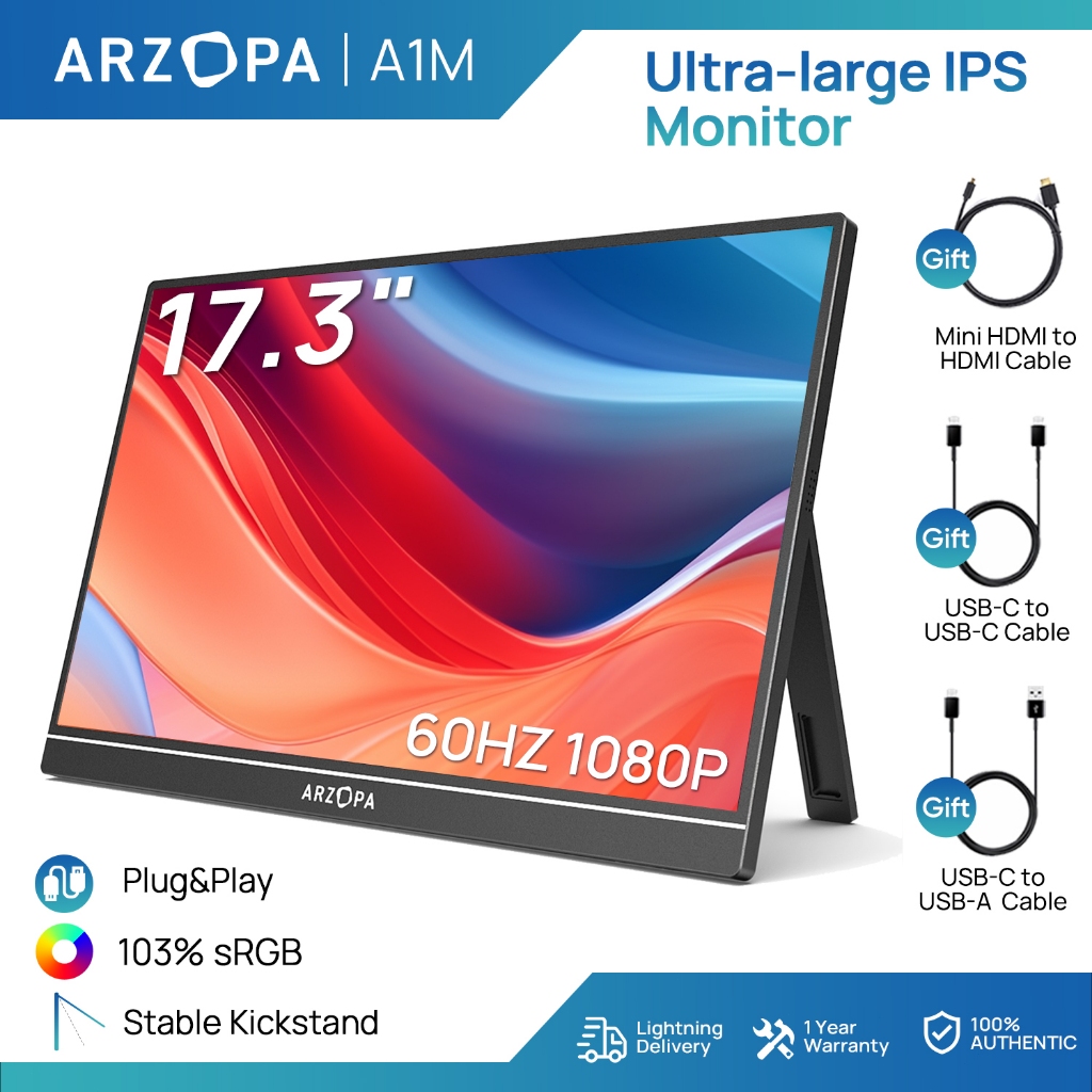ARZOPA 17.3 A1M จอภาพแบบพกพา, 1080P FHD HDR IPS แล็ปท็อปจอแสดงผลคอมพิวเตอร์ HDMI USB C Gaming Monito