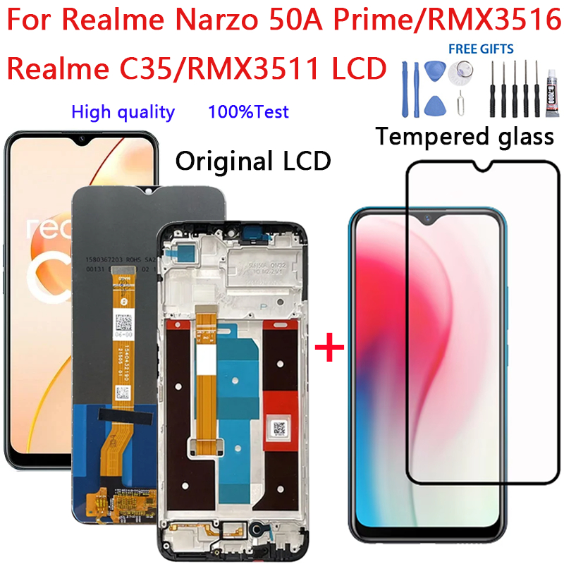 LCD สําหรับ Realme Narzo 50A Prime RMX3516, C35 RMX3511 หน้าจอสัมผัสหน้าจอด้านใน LCD กรอบ