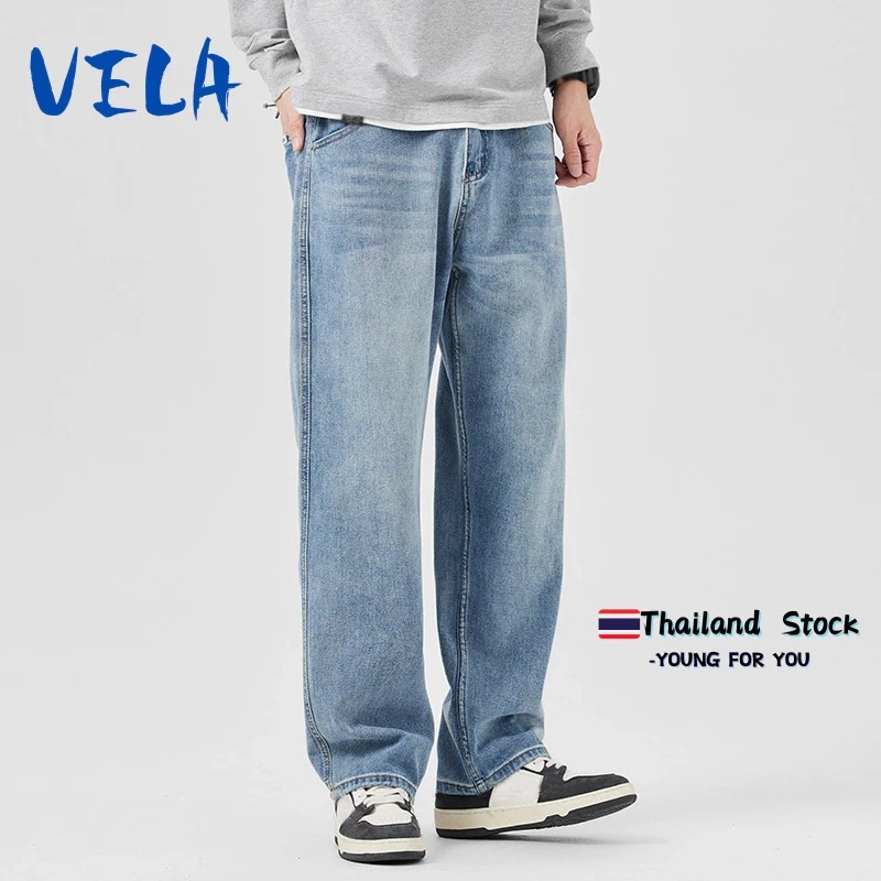 Vela กางเกงยีนส์ผู้ชาย ทรงตรง ขายาว ทรงกระบอก สีทึบ ทรงหลวม เข้ากับทุกการแต่งกาย สไตล์สตรีท เก่าย้อนยุค สบาย รุ่นบาง สไตล์ฮาราจูกุ  มีไซส์ loose jeans baggy high street american