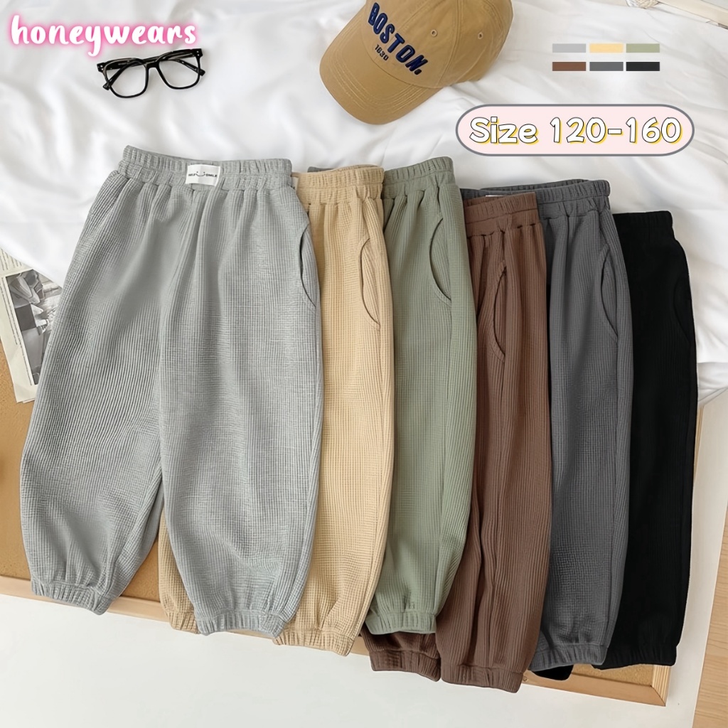 honeywears⚡️พร้อมส่ง⚡️กางเกงเด็กชายลำลองฤดูร้อน ขายาวรัดเท้า เอวยางยืด ผ้าวาฟเฟิล แฟชั่น ไซส์ 120-160