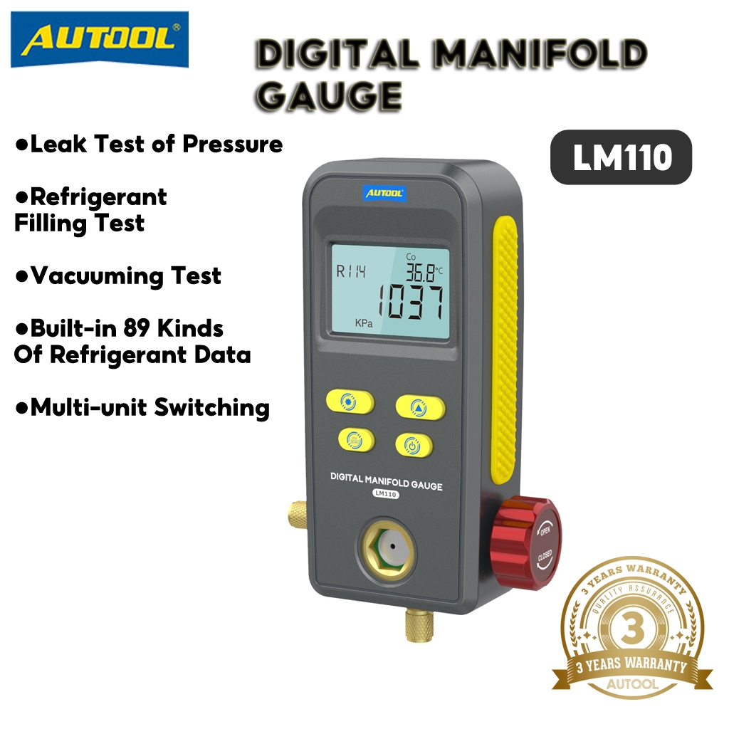 Autool LM110 PLUS เครื่องทําความเย็นดิจิตอล Manifold HVAC Meter อุณหภูมิความดันสูญญากาศเครื่องทดสอบเครื่องปรับอากาศพร้อมท่อสารทําความเย็น