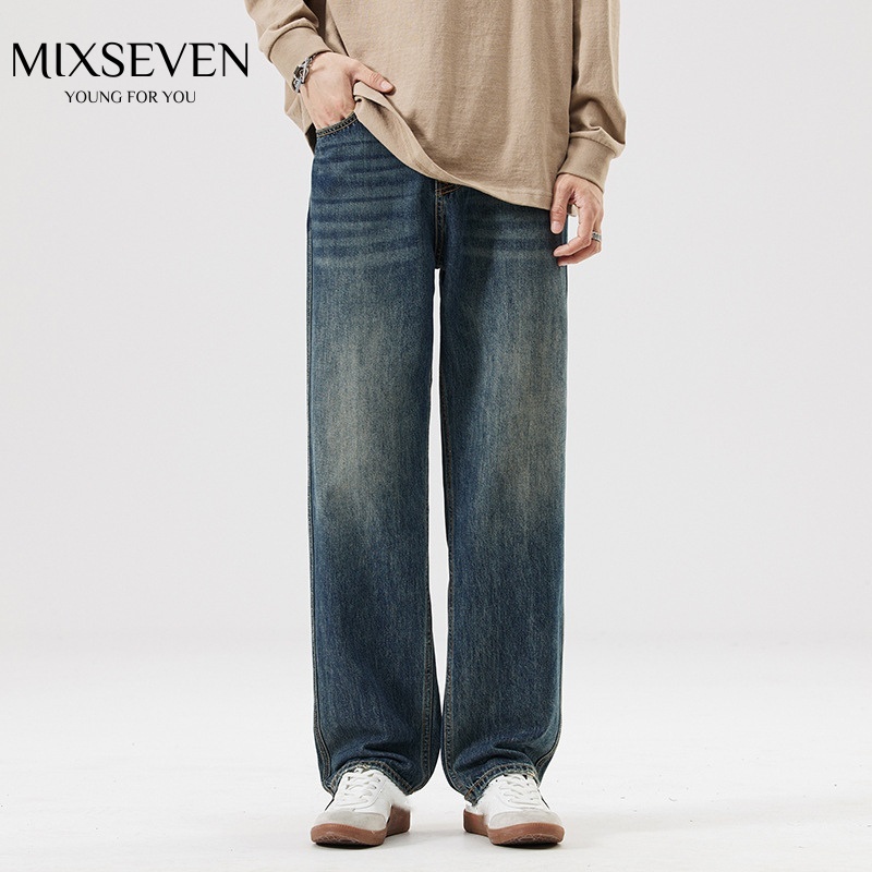 MIXSEVEN-กางเกงยีนส์ขากระบอกผู้ชาย ขากว้าง  ทรงหลวม  สีน้ําเงินเข้ม ทรงกระบอกไซส์ใหญ่ baggy jeans