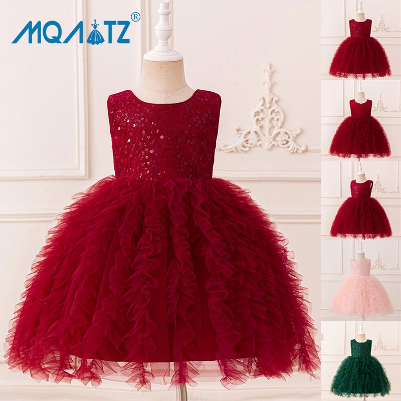 Mqatz ดอกไม้สาวเจ้าหญิงชุดลูกไม้พรรคตูชุดวันเกิดเครื่องแต่งกายแขนกุดชุดแต่งงาน4-10ปี ล L5592