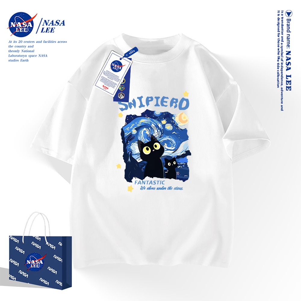 Nasa เสื้อยืดสไตล์อเมริกาผ้าฝ้าย 100 % คอสั้นเสื้อชาย และหญิงดั้งเดิม มองขึ้นไปบนท้องฟ้า แมว เสื้อแขนครึ่ง