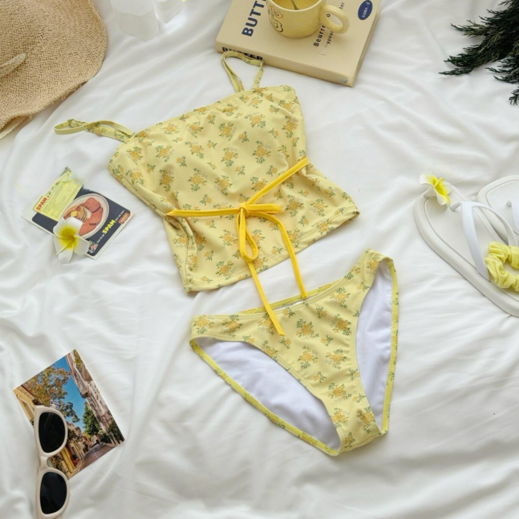 🧡ส่งไวจากไทย 🧡 ชุดว่ายน้ำหญิงbikini สายฝอ ทูพีช  เอวต่ํา ดอกไม้สีเหลือง ผูกโบว์ด้านหน้า