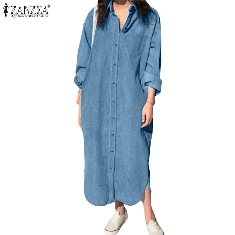 ZANZEA ใส่ ซานเซีย ผู้หญิงเกาหลีสบายๆเปิดลงปกแขนยาวชุดเสื้อหลวม