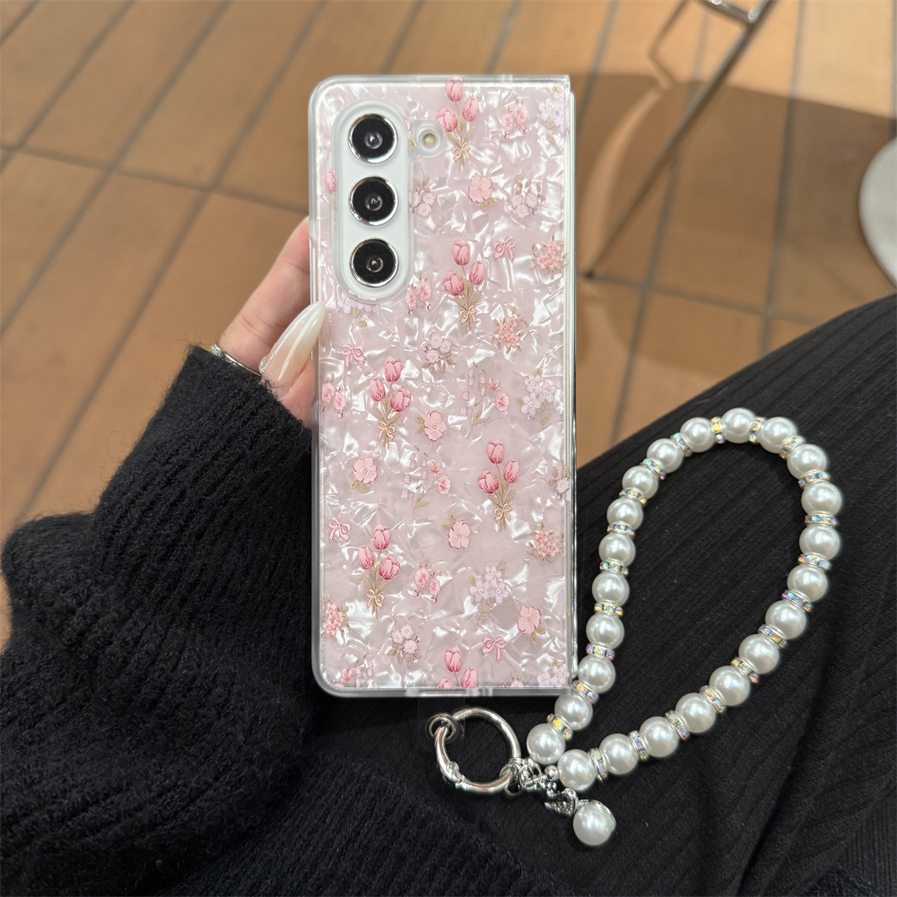 ดอกกุหลาบ ดอกย่อย สร้อยข้อมือมุก เคส Samsung Galaxy Z Fold 6 5 4 3 Case สีชมพู ลายเปลือกหอย PC ป้องกันการตก พลิกปก เคส