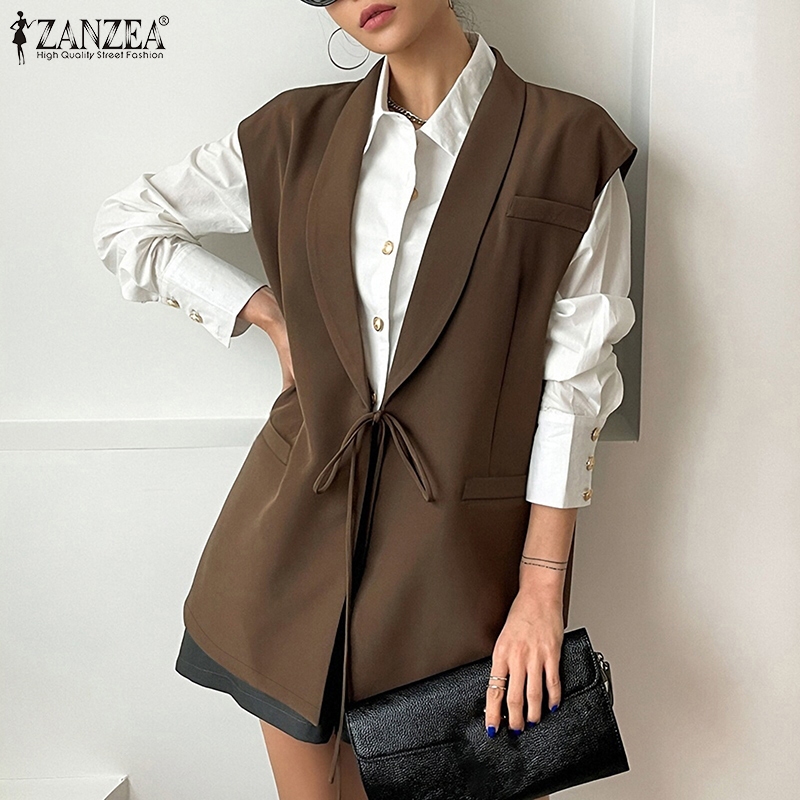 Zanzea ผู้หญิงสํานักงานปกลูกไม้ขึ้นกระเป๋าตกแต่งแขนกุดเสื้อกั๊กลําลอง