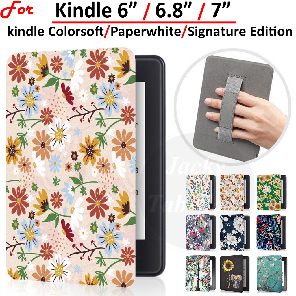สําหรับ Kindle 6 "6.8 "7 "E-book กรณี Paperwhite Colorsoft Signature Edition 12th 11th 10th Gen Hard มือถือกรณีพลิกรูปแบบที่มีสีสันดอกไม้ฝาครอบ 2024 SA569P SA568P RS23CV C2V2L3